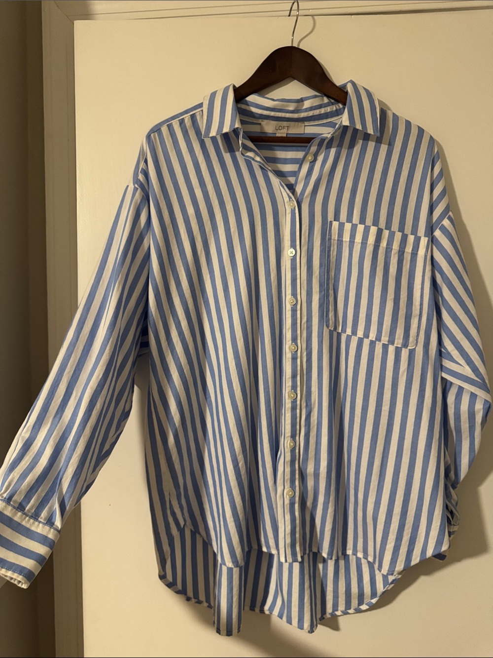 LOFT Striped Poplin Everyday Oversized Pocket Shirt - Blue/White L NWOT